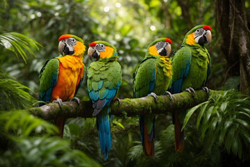 A group of colorful parrots in a jungle