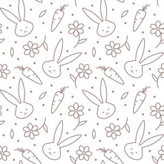 Cute bunny and carrot seamless vector pattern, outline shapes on transparent background, design for textile print, wallpaper, wrapping.