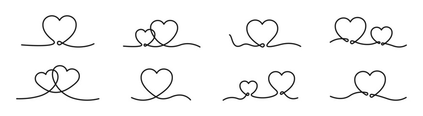 Continuous line art drawn hearts. Doodle hearts. Linear heart. Simple line hearts