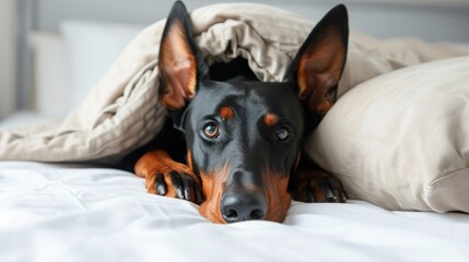 Close-up of a Doberman lying on the bed under a blanket.
