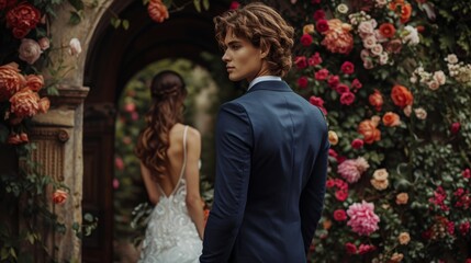 A beautiful photo of the newlyweds, a man in a blue suit and a woman in a wedding dress against the backdrop of an arch with roses.