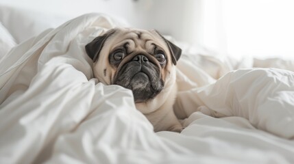 A decorative pug dog lies in the bedroom on a snow-white bed. Banner for purchasing a pet for a family. - obrazy, fototapety, plakaty
