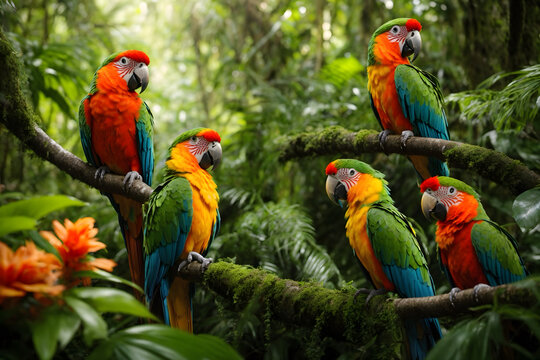 A group of colorful parrots in a jungle