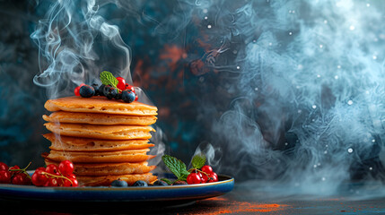 Shrovetide banner, pancakes with berries closeup with free space on dark background with space for text