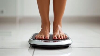 Close-up of a woman's legs standing on a scale. Concept of reducing and regulating body weight.