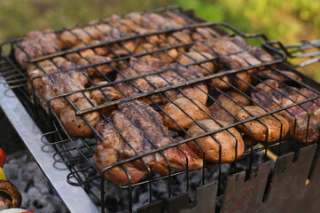 meat with mushrooms is cooked on the grill