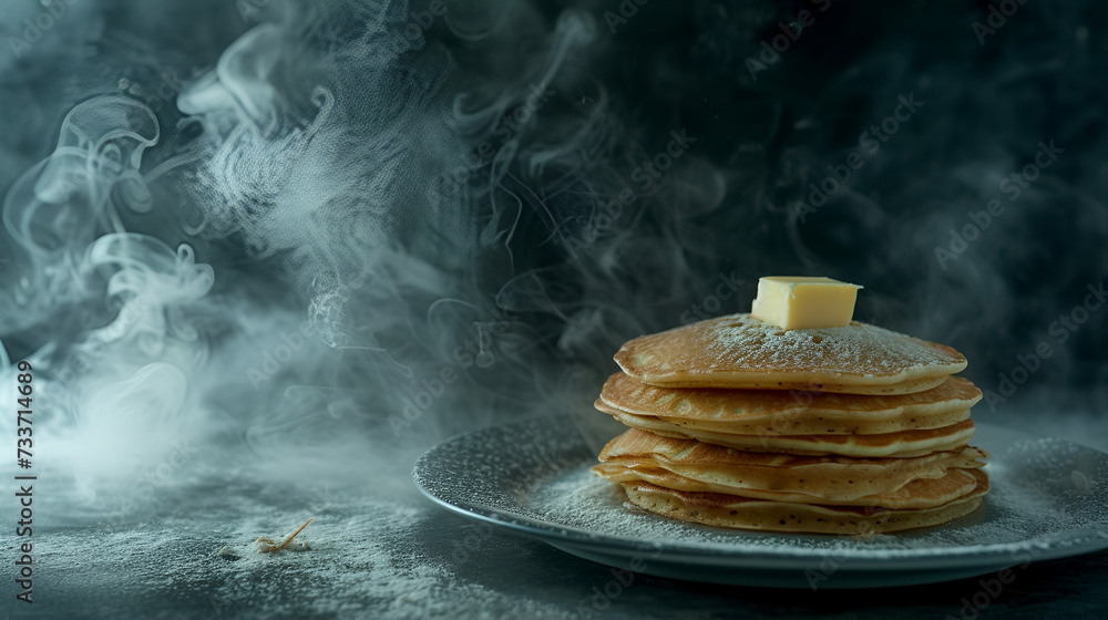 Wall mural banner Shrovetide pancakes with butter closeup on a dark background with space for text