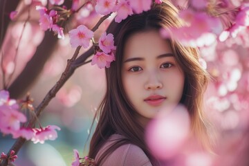 Fototapeta premium Young woman with a serene expression among pink cherry blossoms.