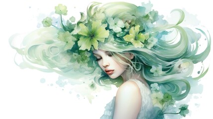 Fantasy female portrait with floral elements in watercolor style.