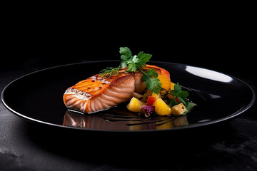 Baked salmon fillet with colorful vegetables on dark plate, photo dinner food for restaurant menu