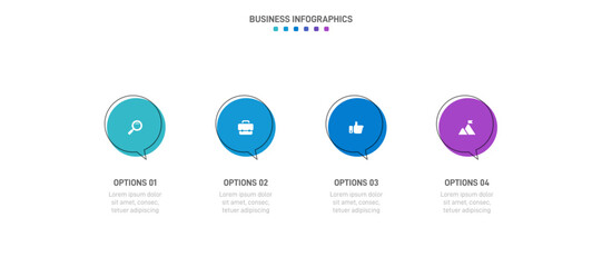 Timeline infographic with infochart. Modern presentation template with 4 spets for business process. Website template on white background for concept modern design. Horizontal layout.