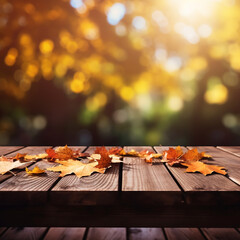 Naklejka na ściany i meble Empty wooden table with autumn blurred background