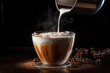 Cappuccino Pour: Slow-motion pour of frothy milk into a shot of espresso.