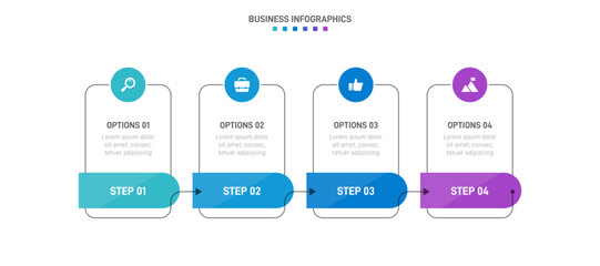 Timeline infographic with infochart. Modern presentation template with 4 spets for business process. Website template on white background for concept modern design. Horizontal layout.