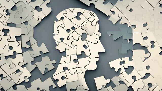 The vector line design showcases the human head profile and jigsaw puzzle, representing a concept related to cognitive psychology or psychotherapy. It symbolizes the importance of mental health.