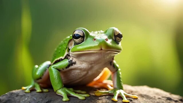 Green frog sitting on a stone with abstract sunlight background and copy space area. Suitable for video of leap day, one extra day, leap year 29 february 2024 background videos.