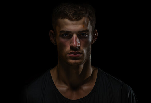 A portrait of a Caucasian man in his 20s in black t-shirt with dark background 