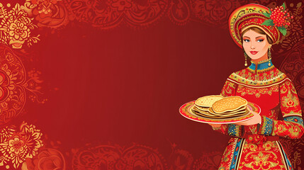 Obraz na płótnie Canvas Maslenitsa banner with free space. A beautiful, slender girl of Slavic appearance holds a plate with pancakes in her hands on a red background with a gold pattern and space for text.