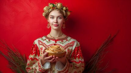 Maslenitsa banner with free space. A beautiful, slender girl of Slavic appearance holds a plate with pancakes in her hands on a red background with a gold pattern and space for text.