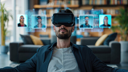 A bearded man sitting indoors wearing virtual reality goggles and a hat, surrounded by furniture and a book, immersing himself in a digital world