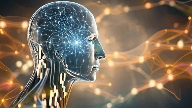  An illustration of a human head profile showing a brain lit up by data streams and neural networks.