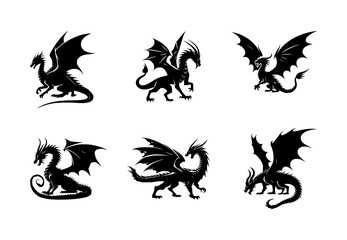 set of dragon silhouettes on isolated background