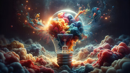 vibrant image depicts a light bulb at the center of a whimsical explosion of multicolored clouds, embodying a burst of creativity and inspiration.