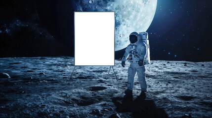 A solitary astronaut stands in awe on the desolate surface of the moon, their reflective suit glinting in the soft light of earth - Powered by Adobe