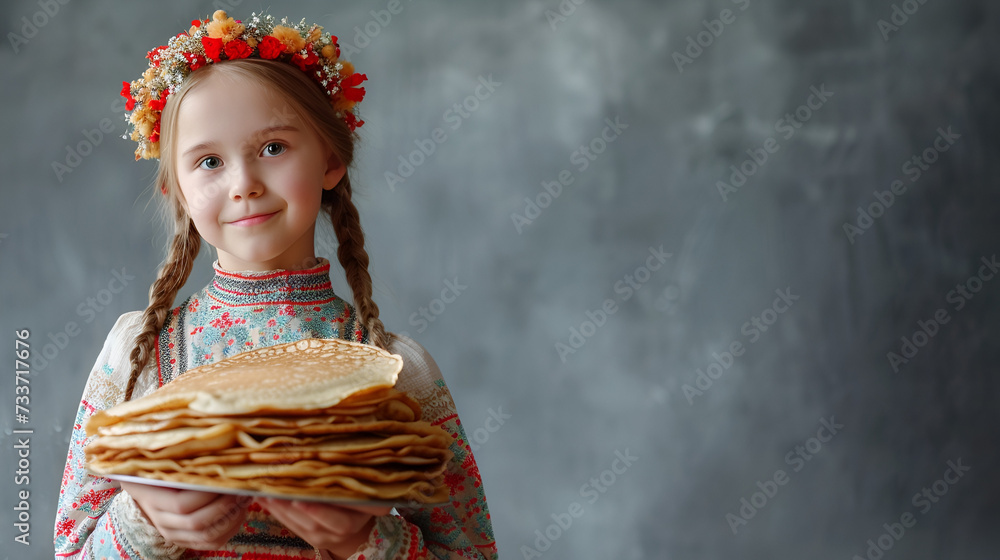 Wall mural Shrovetide banner with copy space, girl with a plate of pancakes on a gray background with space for text