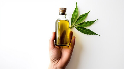 Hand holding CBD cannabis oil bottle with green marijuana leafs  on white background with copy space