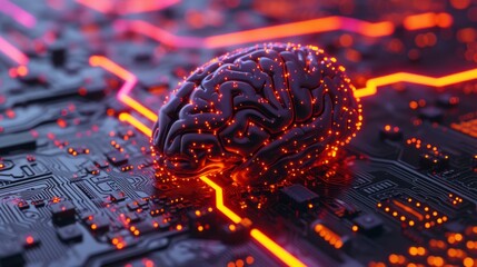 Artificial intelligence evolution: a glowing brain on a microchip against a neon-lit circuit board, the fusion of biology and technology