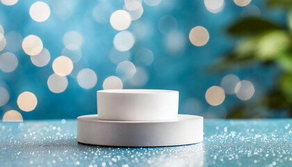 Empty round cylinder platform podium for product or cosmetics presentation on blue background 