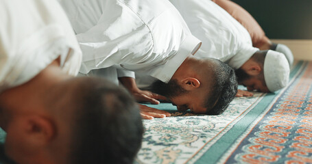 Islamic, praying and men in a Mosque for spiritual religion together as a group to worship Allah in...