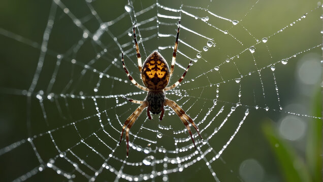 Close-up of a spider spinning a web in the early morning dew.