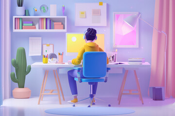 Man works on the computer at home. 3D illustration. The boy is sitting at his desk at home and programming on a desktop computer . Colorful cartoon 3D art