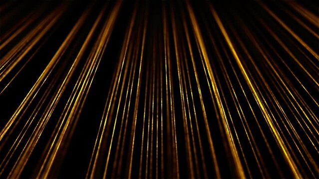 Wave movement of straight golden lines on black background. Abstract concept of digital sound waves, big data analysis and technology of machine learning. 4K looped video of fluctuating soundwaves