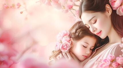 mother's day banner with copy space, mother hugging daughter on pink background with peonies and place for text