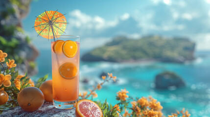 Yellow cocktail at sunset with summer ocean backdrop. Alcoholic or non-alcoholic drinks against the backdrop of the landscape. - obrazy, fototapety, plakaty