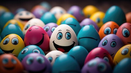 Traditional Easter colored eggs, with painted faces. cute funny smiles and eyes. original design.
