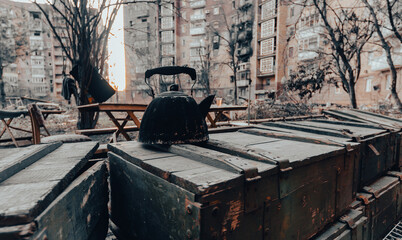 destroyed and burned houses in the city Russia Ukraine war