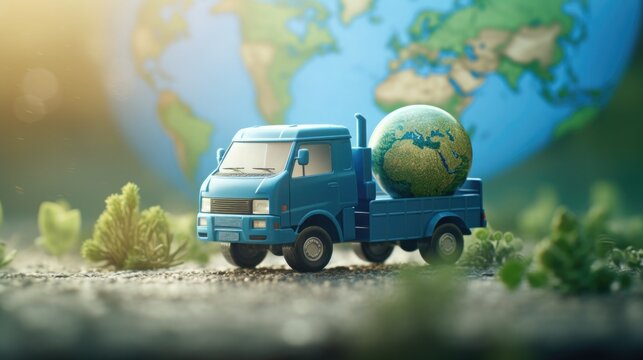 big truck carries planet earth, Electric Car. eco, environmentally friendly transport. care for the environment