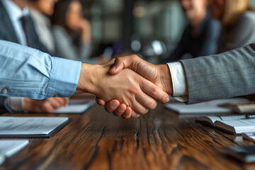 Close-up of business people shaking hands while sitting at table in office. Successful businessmen handshaking after good deal.