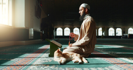 Quran, islamic and man with faith in a mosque for praying, peace and spiritual care in holy...