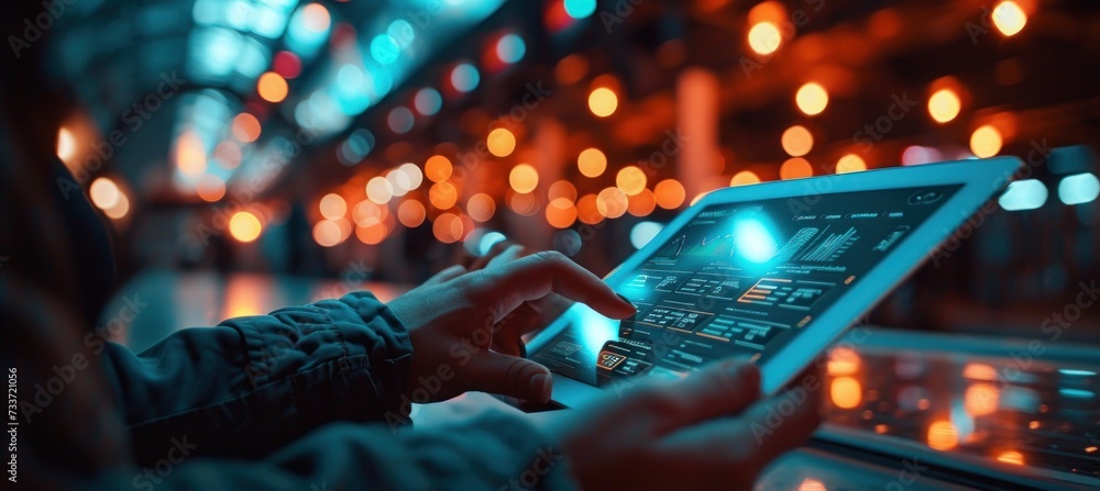 Poster close-up of a person's hands using a digital tablet with interactive city map against a backdrop of 