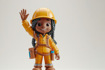 Fototapeta premium A cute 3D style character of a friendly female construction worker waving