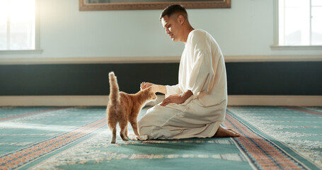 Cat, islamic and man with pet in a mosque for praying, peace and spiritual care in holy religion...