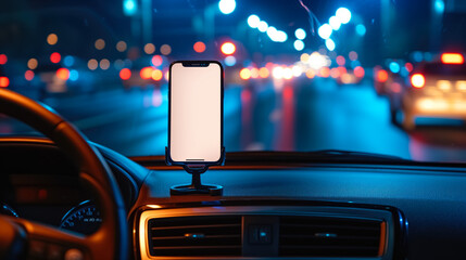 Smartphone in a car use for Navigate or GPS while driving on a night highway. Mobile phone with isolated white screen. Blank empty screen. Copy space. Empty space for text. Mock up smart phone in car