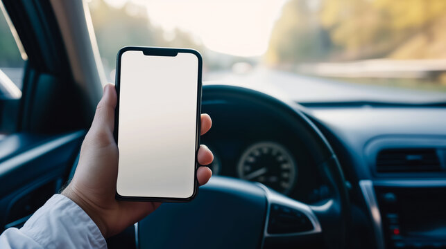 Smartphone blank screen mock up in driver's hand in front of the car steering wheel, selective focus. Mobile phone with isolated white screen. Navigate or GPS concept.
