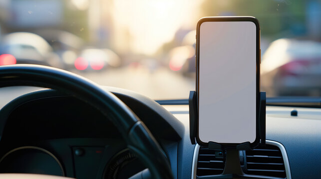 Smartphone in a car use for Navigate or GPS. Mobile phone with isolated white screen. Blank empty screen. Copy space. Empty space for text. Mock up smart phone in car.