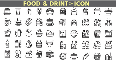 Set of 50 outline icons related to food and drink. Linear icon collection. Editable stroke. Vector illustration